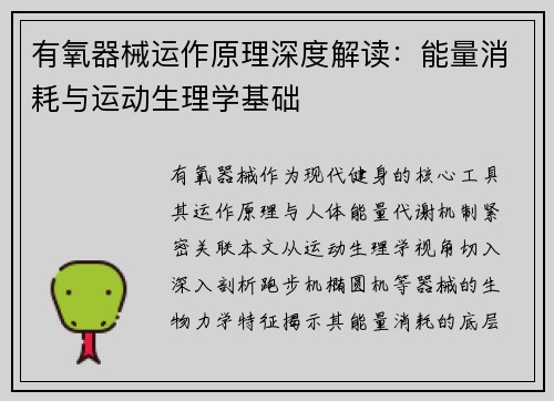有氧器械运作原理深度解读：能量消耗与运动生理学基础